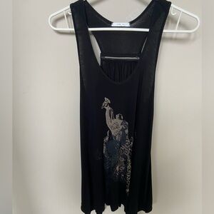 Mai Tai Black Sleeveless tank Top flowy around bottom peacock print